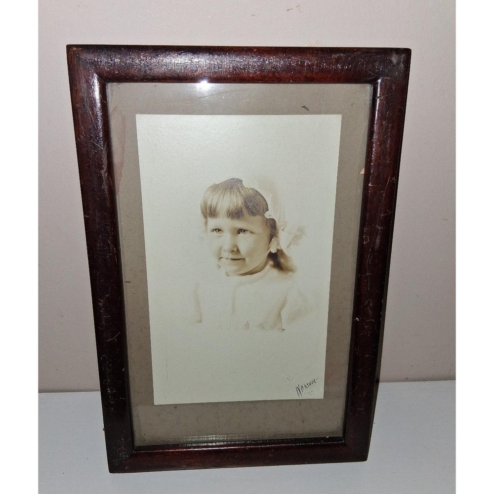 Vintage Framed Sepia Portrait Print of Young Girl Wood Frame Cottagecore Decor